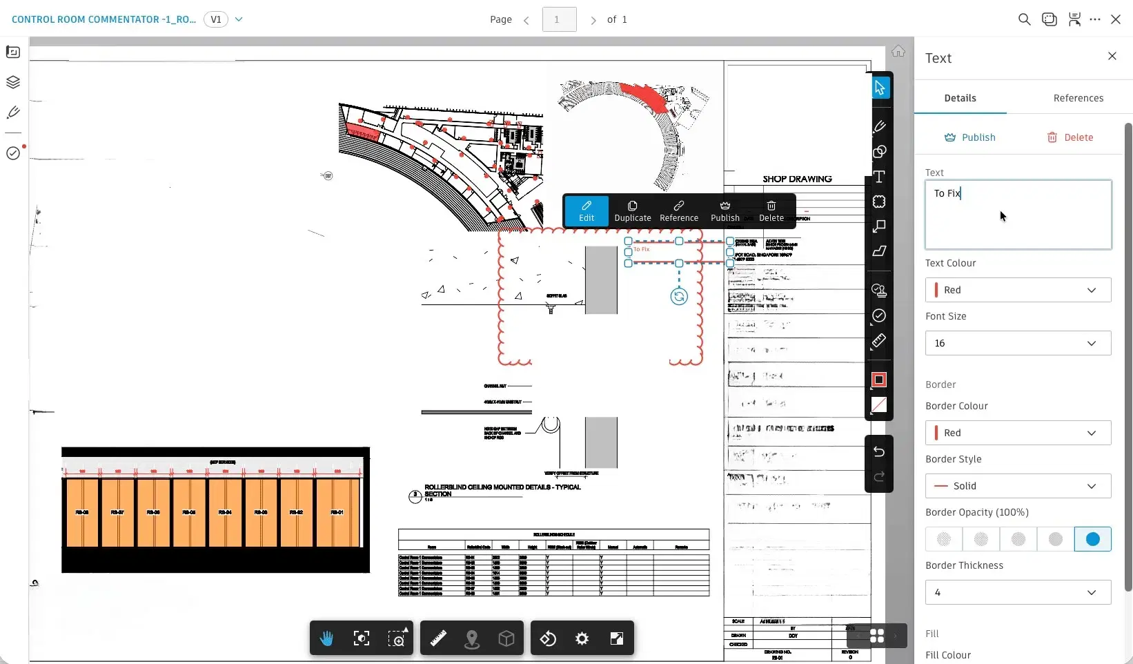 Forma Data Management document markup interface showing shop drawing review with annotation tools