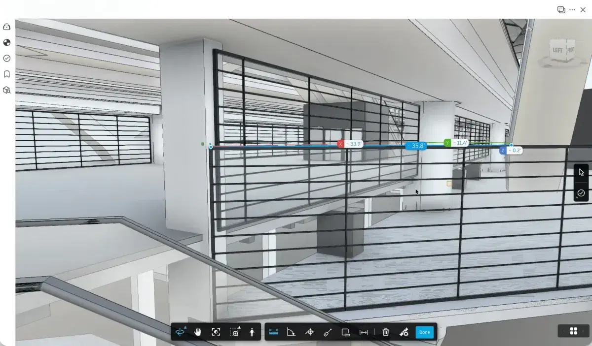 Forma Model Coordination interface showing a federated 3D building model with issue pins