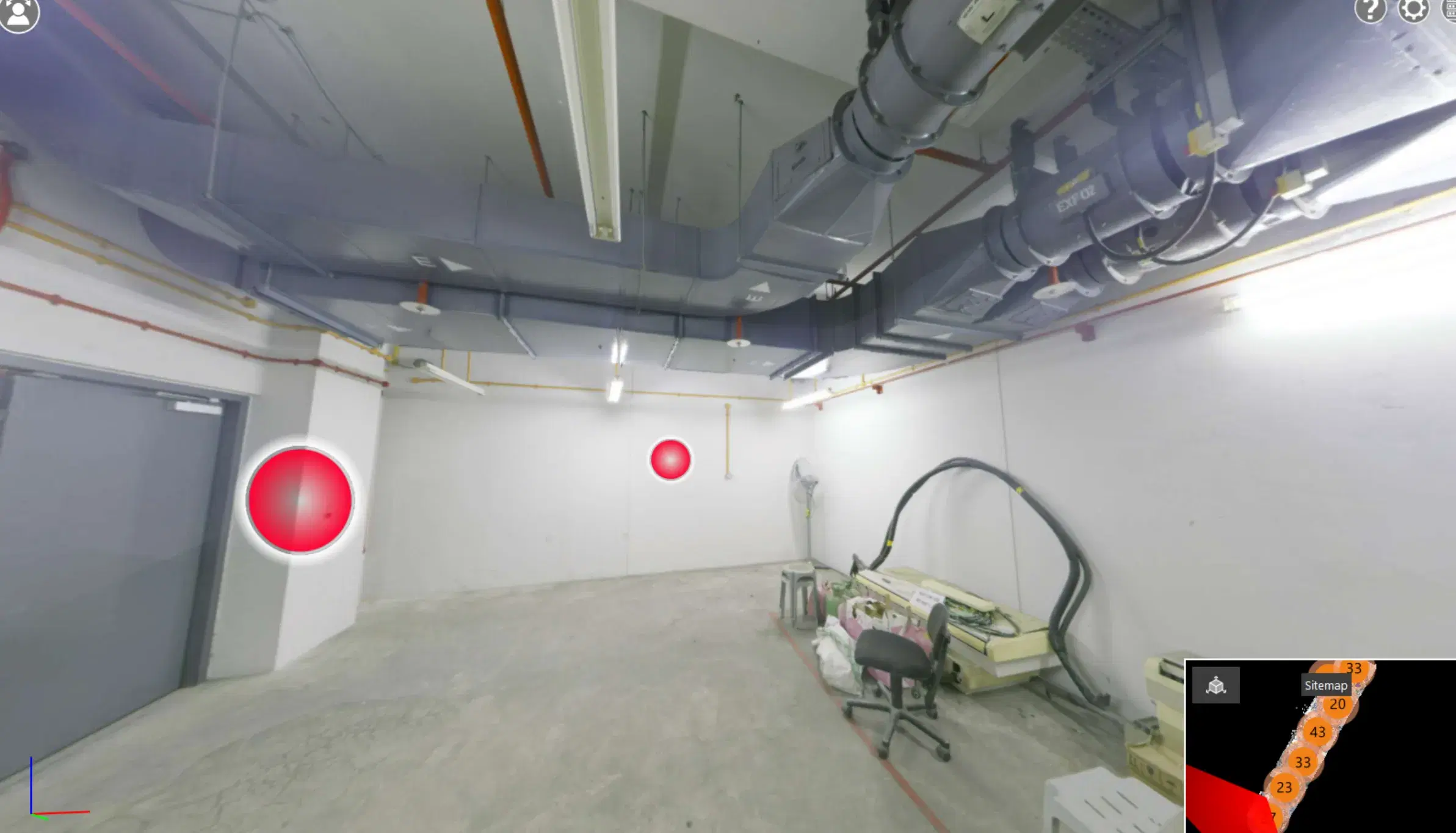 Leica TrueView 360-degree photo showing MEP services on the ceiling of an existing building during a Scan to BIM survey