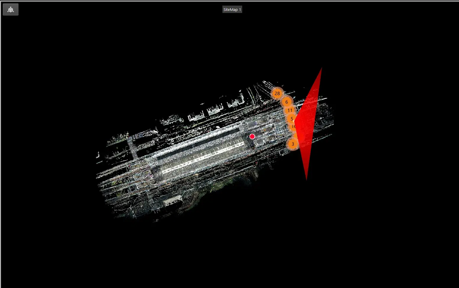 Point cloud data in Autodesk ReCap showing numbered scan positions across a building floor plan