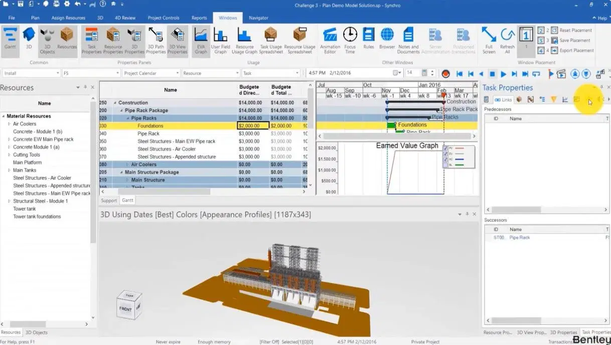 A cost-loaded BIM model, showing budgeted direct and total costs against each construction package with an earned-value graph