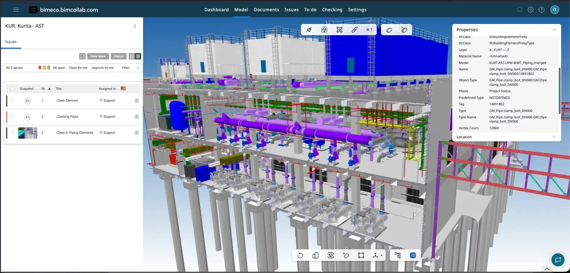 Coordinated BIM model in BIMcollab with a live clash-issues list and element properties, showing conflicts resolved in the office before construction