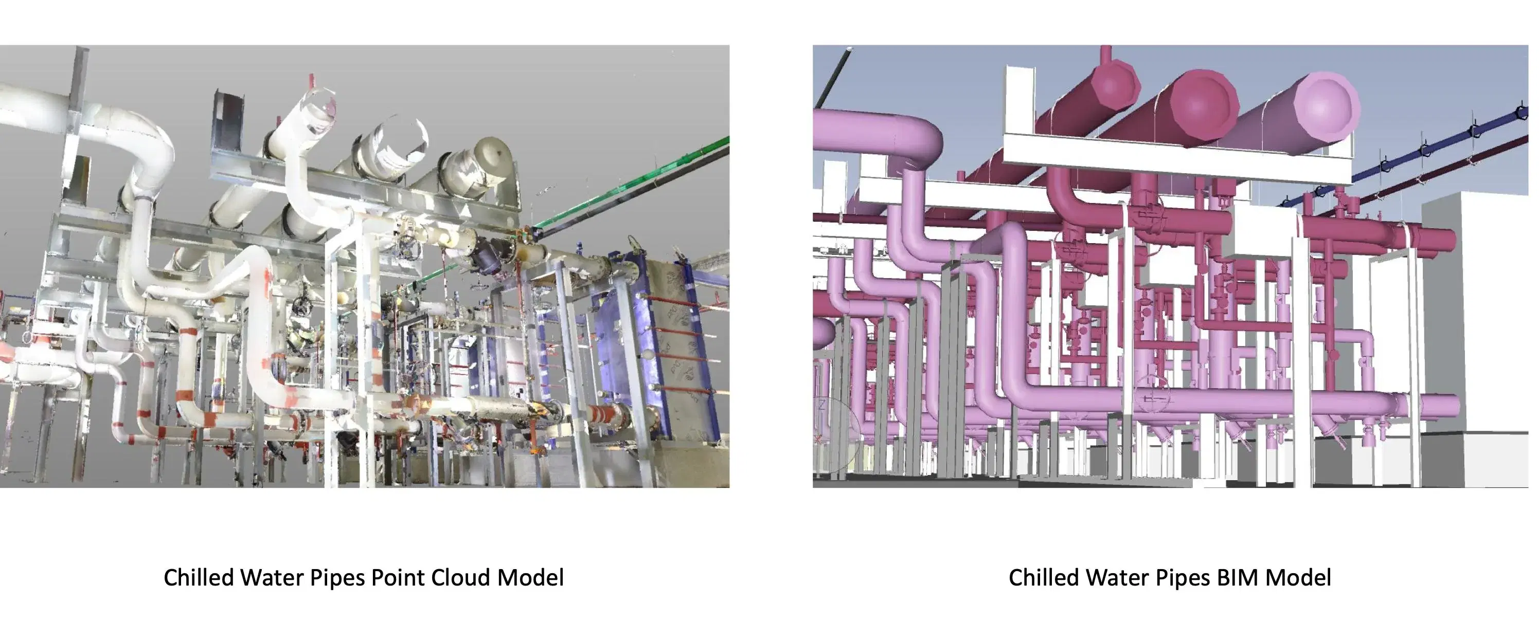 A laser-scanned point cloud of chilled water pipes on the left, next to the coordinated BIM model built from it on the right