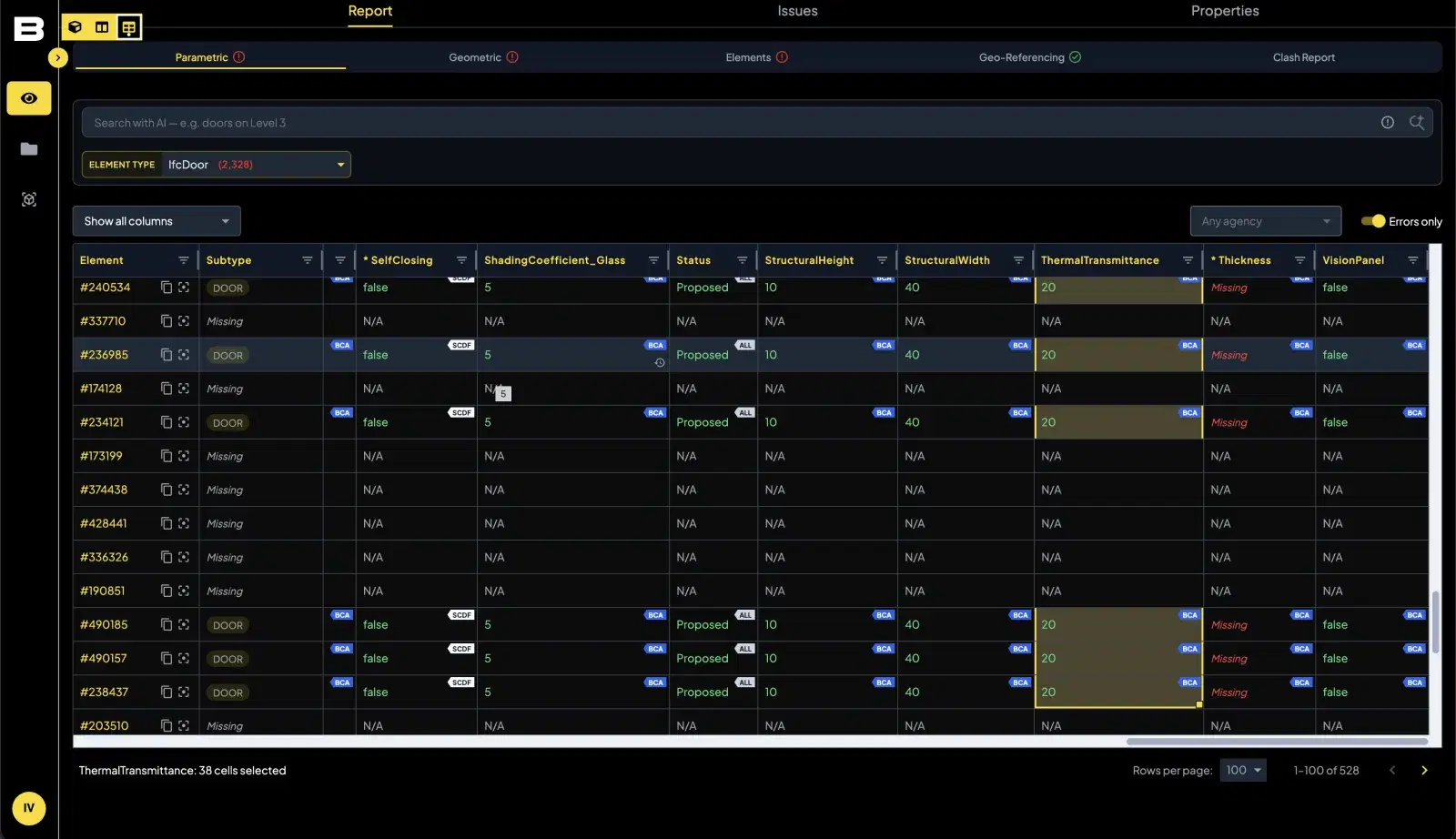 Bulk filling 38 missing ThermalTransmittance values at once in the Bimeco Validator's Excel-like interface