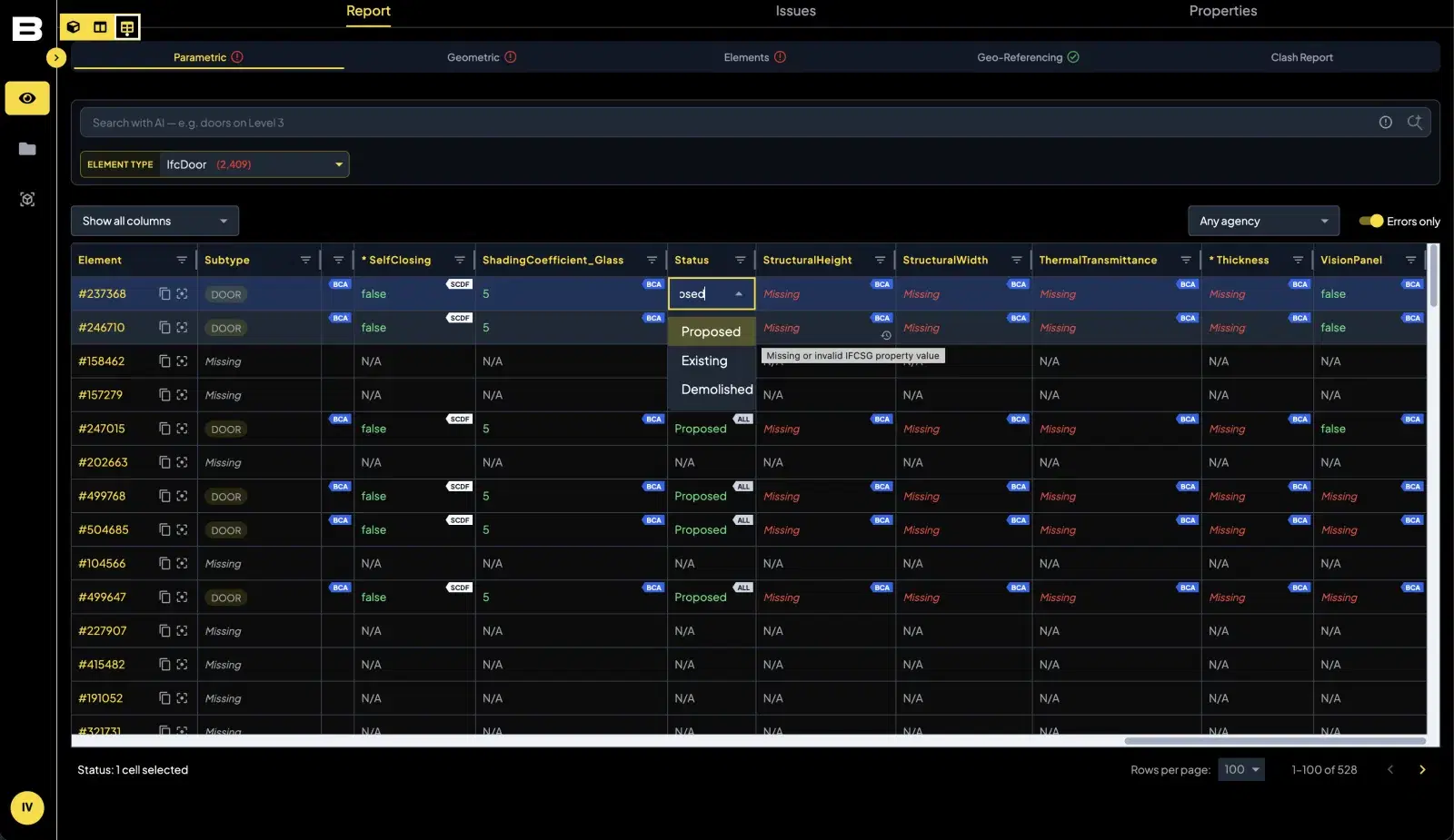 Parametric validation report in the Bimeco Validator showing missing IFC+SG values on doors, flagged by agency