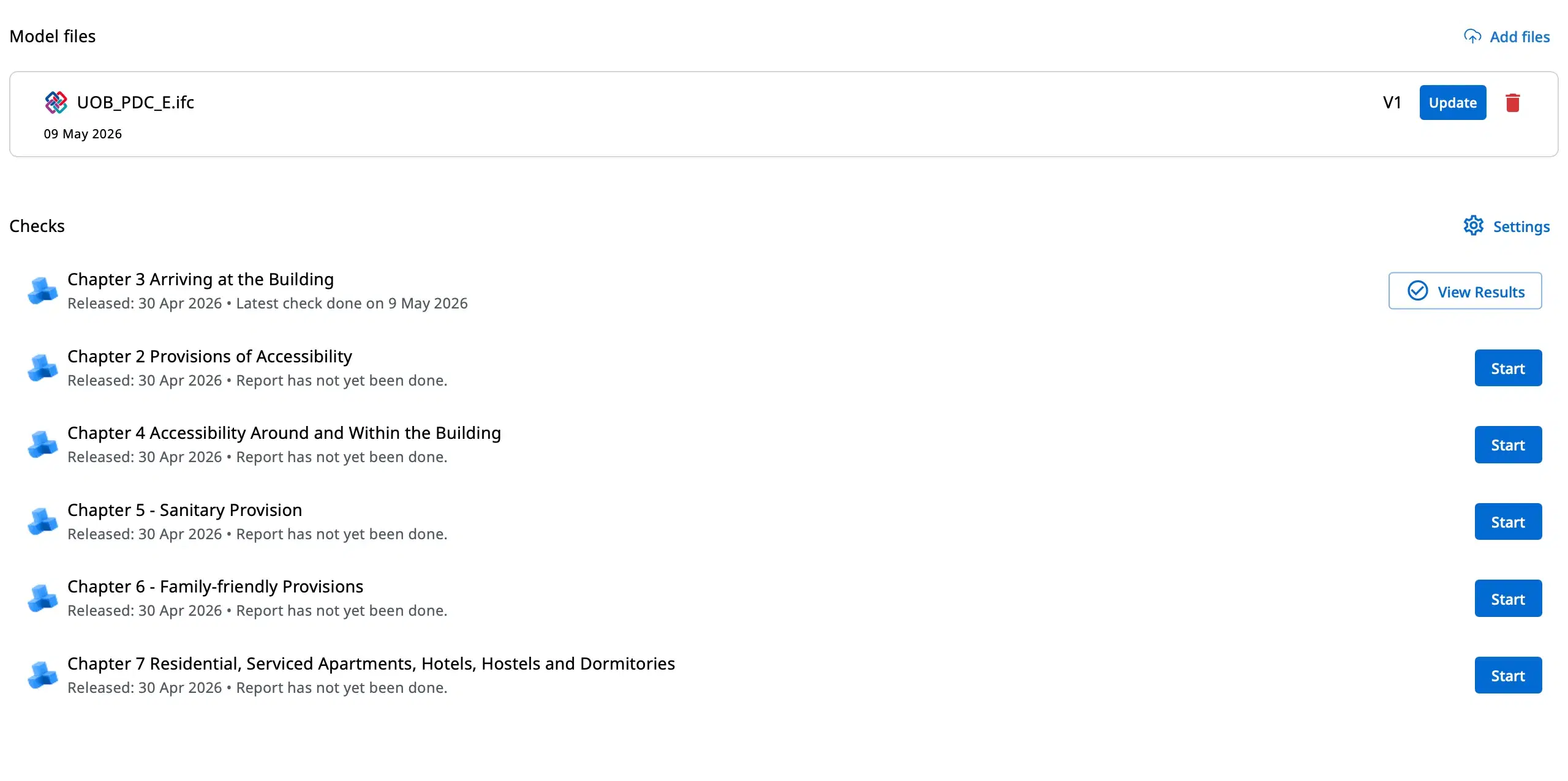 Solibri rule library showing accessibility code checks ready to run against an IFC model