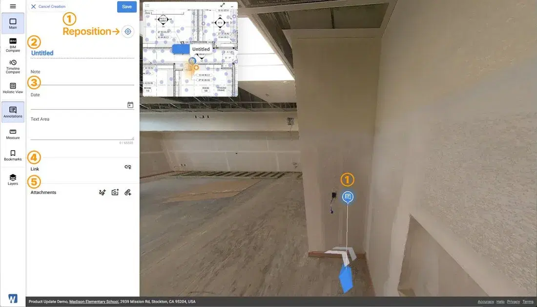 A location-pinned annotation: the plan inset shows where the pin sits, and the form takes a note, date, link and attachments. A BCA comment and the Qualified Person's rectification photo live here.