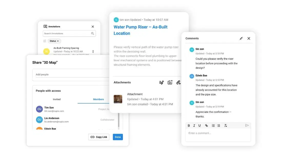 Three of the five requirements on one screen: share the 3D Map by email, an annotation with attachments, and a comment thread the QP can reply in.