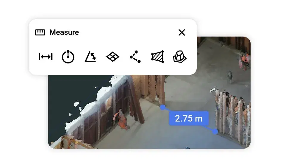 Measuring in the browser: 2.75 m across an opening in the point cloud. BCA treats the capture as a visual check, so code dimensions still need a tape-measure close-up.