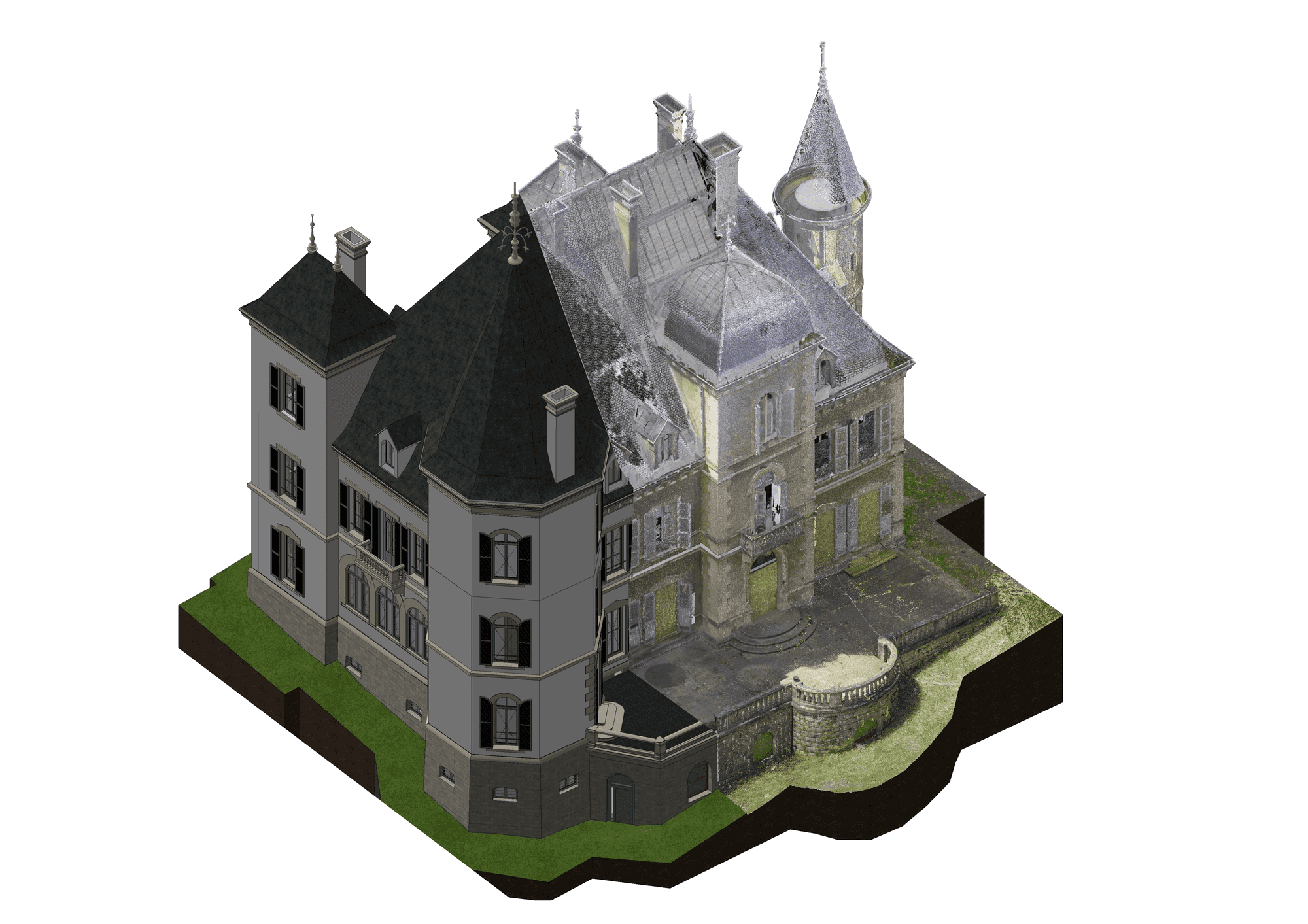Heritage chateau scan-to-BIM model with point cloud overlay