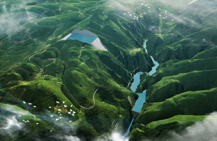 Aerial render of the Caiziba Pumped-Storage Power Station reservoir and dam in Fengjie County, Chongqing