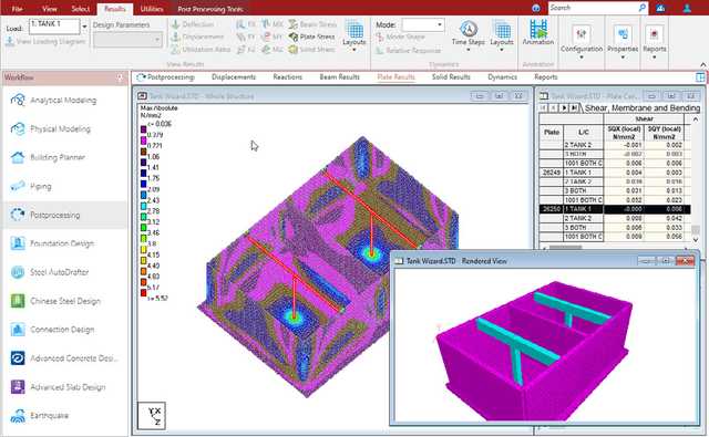 STAAD.Pro post-processing view with contoured plate stress results