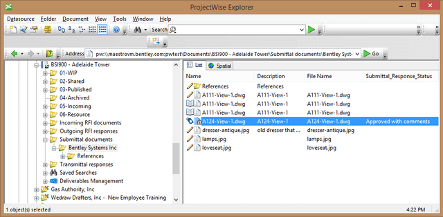 ProjectWise Explorer work area with managed folders for work in progress, published, RFI and submittal documents