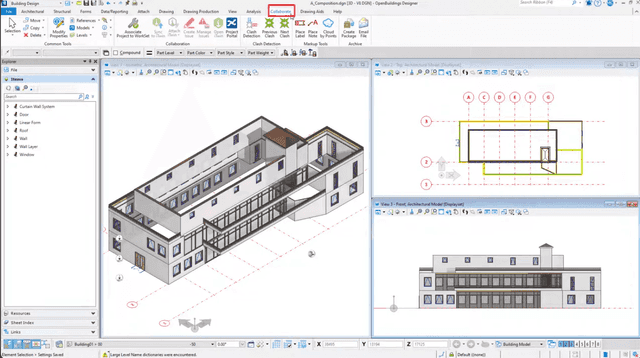OpenBuildings Designer with the ProjectWise Collaborate ribbon and a federated building model