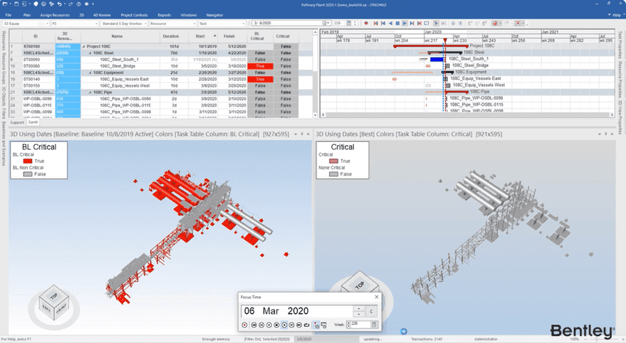 Critical path activities highlighted on a SYNCHRO 4D construction model